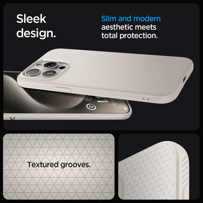 ACS07212 - iPhone 15 Pro Max Case Liquid Air in Natural Titanium sleek design. Slim and modern aesthetic meets total protection with textured grooves