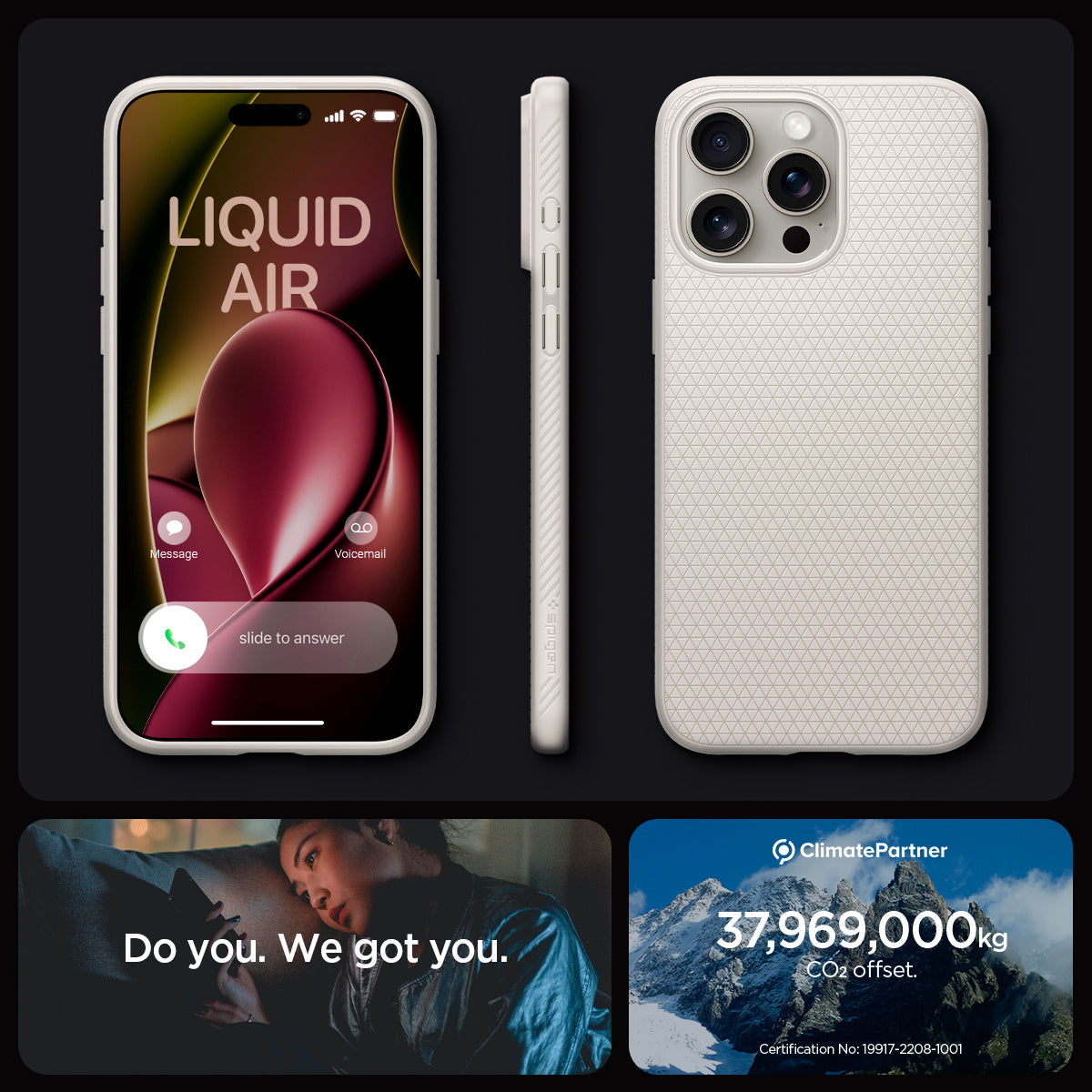 ACS07212 - iPhone 15 Pro Max Case Liquid Air in Natural Titanium showing the different angles. do you. we got you.