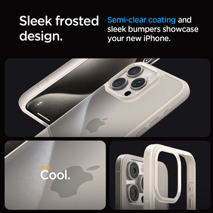 ACS07209 - iPhone 15 Pro Max Ultra Hybrid Case in Natural Titanium showing the sleek frosted design. Semi-clear coating and sleek bumpers showcase your new iPhone