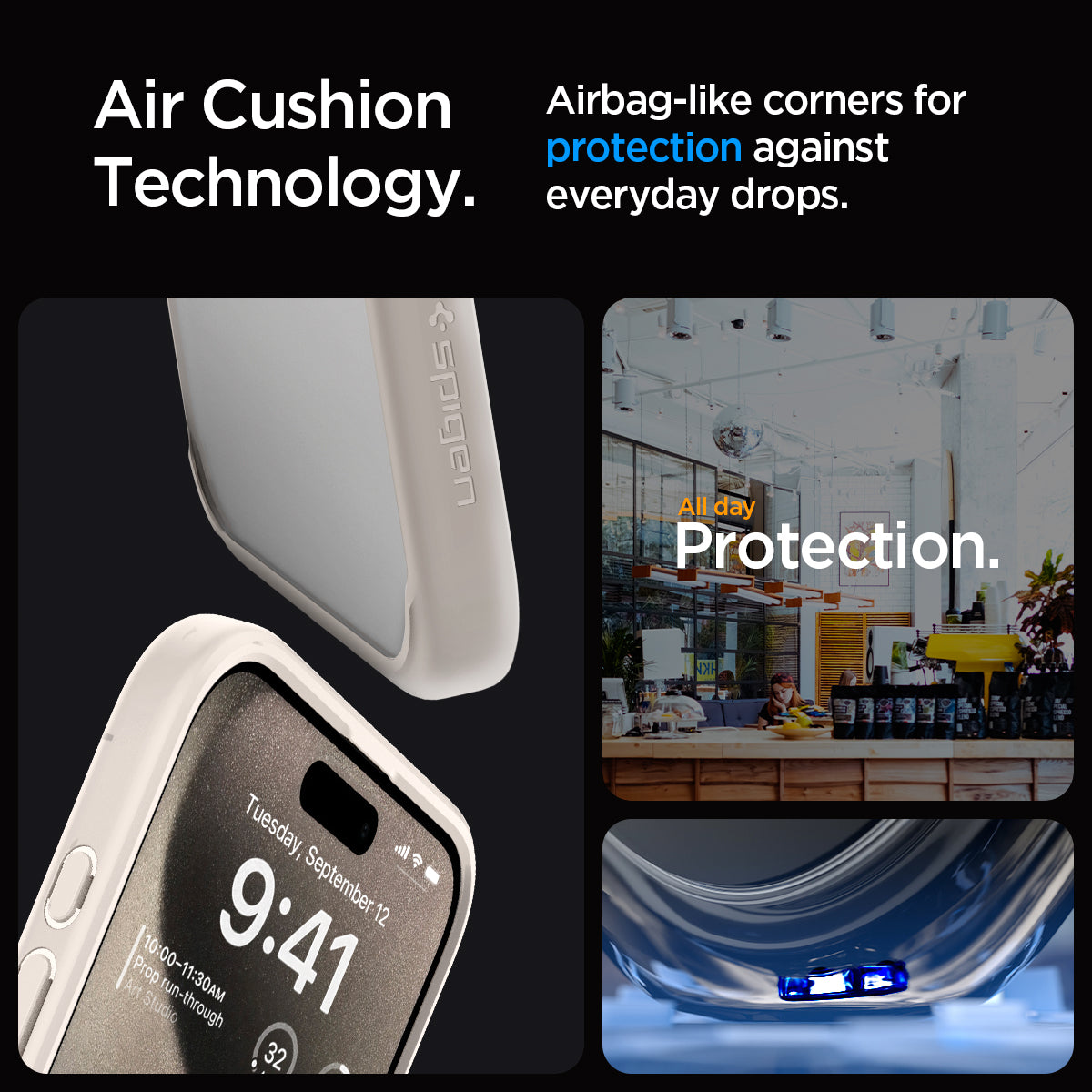 ACS07209 - iPhone 15 Pro Max Ultra Hybrid Case in Natural Titanium showing the air cushion technology. Airbag -like corners for protection against everyday drops