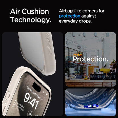 ACS07209 - iPhone 15 Pro Max Ultra Hybrid Case in Natural Titanium showing the air cushion technology. Airbag -like corners for protection against everyday drops