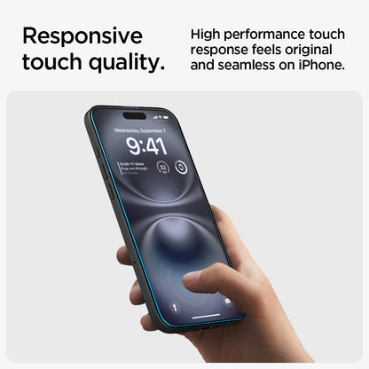 AGL06903 - iPhone 16 GLAS.tR EZ Fit Sensor Protected showing the responsive touch quality. High performance touch response feels original and seamless on iPhone