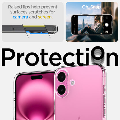 ACS08190 - iPhone 16 Case Liquid Crystal in Crystal Clear raised lips help prevent surfaces scratches for camera and screen. oh snap. protection.
