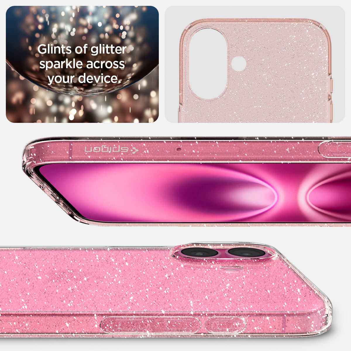 ACS08193 - iPhone 16 Case Liquid Crystal Glitter in Rose Quartz glints of glitter sparkle across your device.