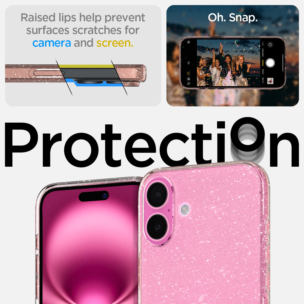 ACS08193 - iPhone 16 Case Liquid Crystal Glitter in Rose Quartz raised lips help prevent surfaces scratches for camera and screen. oh snap. protection.
