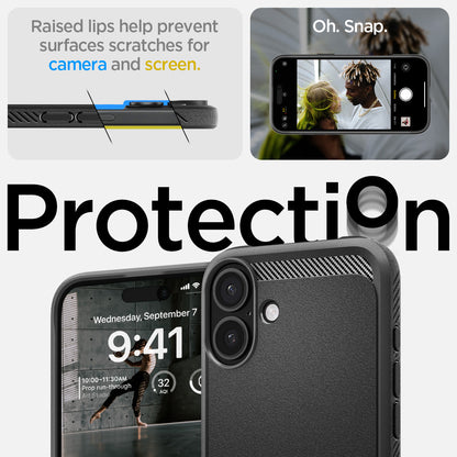 ACS08087 - iPhone 16 Plus Case Rugged Armor (MagFit) in Matte Black showing the raised lips help prevent surfaces scratches for camera and screen
