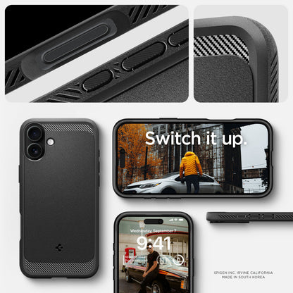 ACS08087 - iPhone 16 Plus Case Rugged Armor (MagFit) in Matte Black showing the different angles