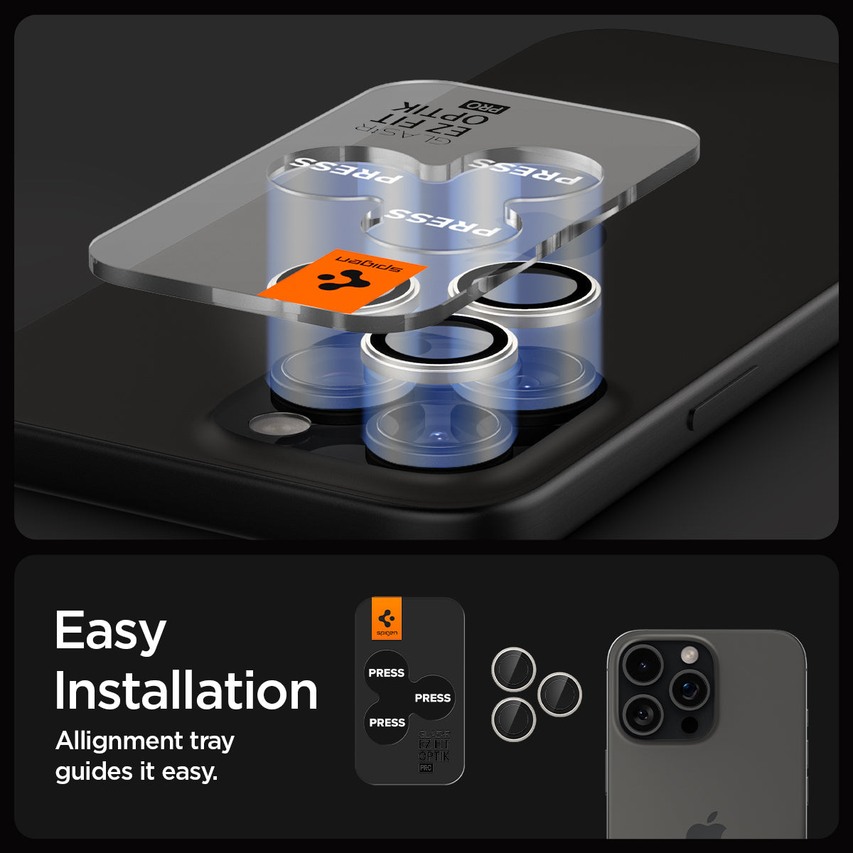 AGL08863 - iPhone 16 Pro Max / iPhone 16 Pro Optik Pro EZ Fit Lens Protector in Bright Silver showing the easy installation. Alignment tray guides it easy