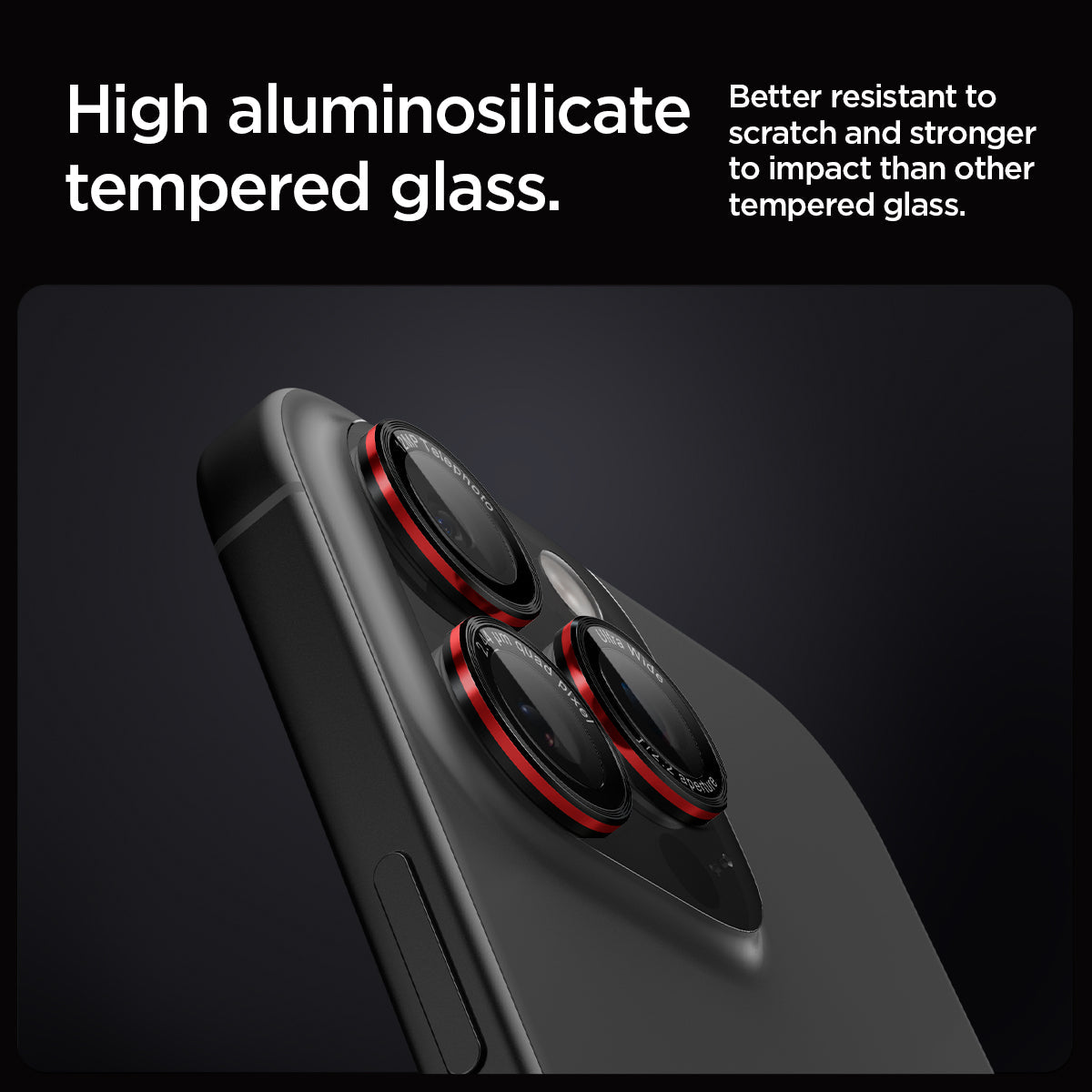 AGL05217 - iPhone 16 Pro / 16 Pro Max Optik Pro Lens Protector L-series showing the high aluminosilicate tempered glass. Better resistant to scratch and stronger to impact than other tempered glass