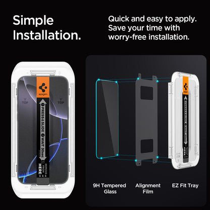 AGL07908 - iPhone 16 Pro Max GLAS.tR EZ Fit Privacy showing the simple installation. Quick and easy to apply. Save your time with worry-free installation. 9H Tempered Glass, Alignment Film and EZ Fit Tray