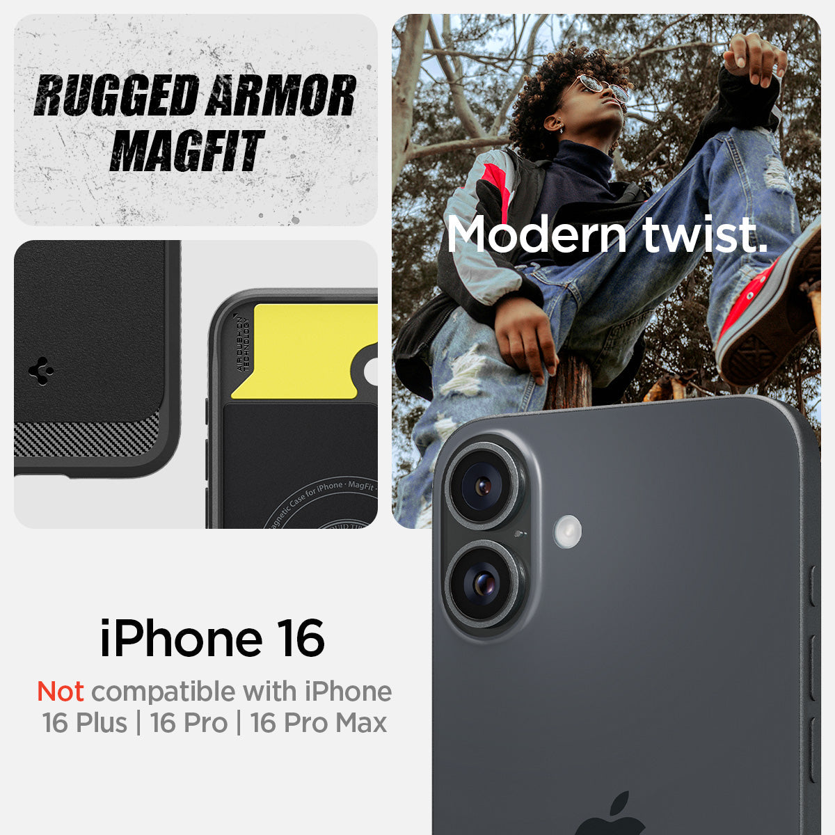 ACS08214 - iPhone 16 Case Rugged Armor (MagFit) in Matte Black showing the modern twist. Compatibility only with iPhone 16 Plus. Not compatible with iPhone 16 | 16 Pro | 16 Pro Max