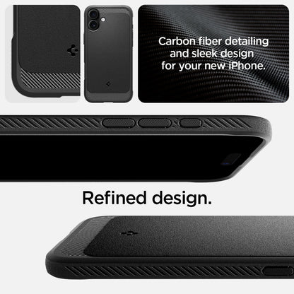 ACS08214 - iPhone 16 Case Rugged Armor (MagFit) in Matte Black showing the carbon fiber detailing and sleek design for your new iPhone. Refined design