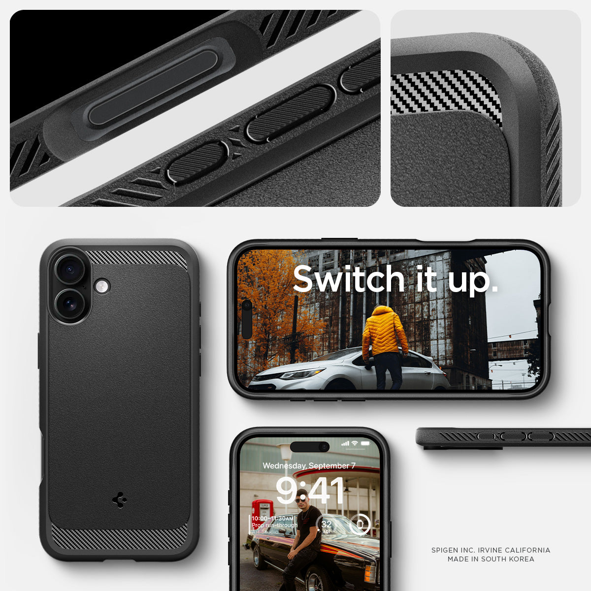 ACS08214 - iPhone 16 Case Rugged Armor (MagFit) in Matte Black showing the different angles