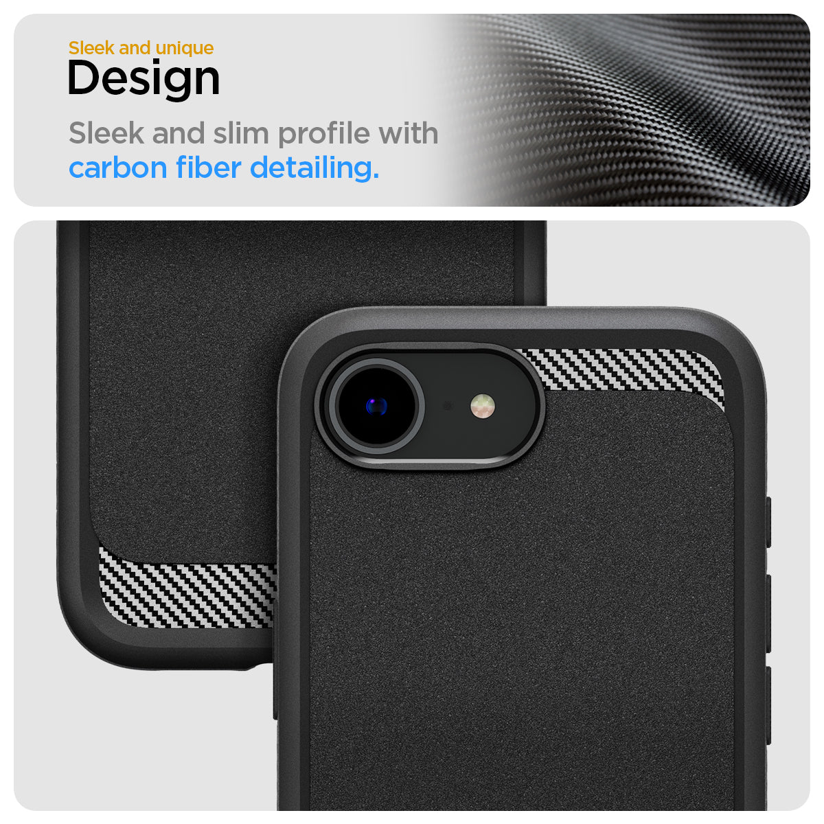 ACS09152 - iPhone 17e Case Rugged Armor (MagFit) in Matte Black showing the sleek and unique design. Sleek and slim profile with carbon fiber detailing