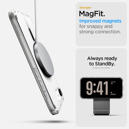 ACS09140 - iPhone 17e Case Ultra Hybrid (MagFit) in Carbon Fiber showing the stronger MagFit. Improved magnets for snappy and strong connection. Always ready to StandBy