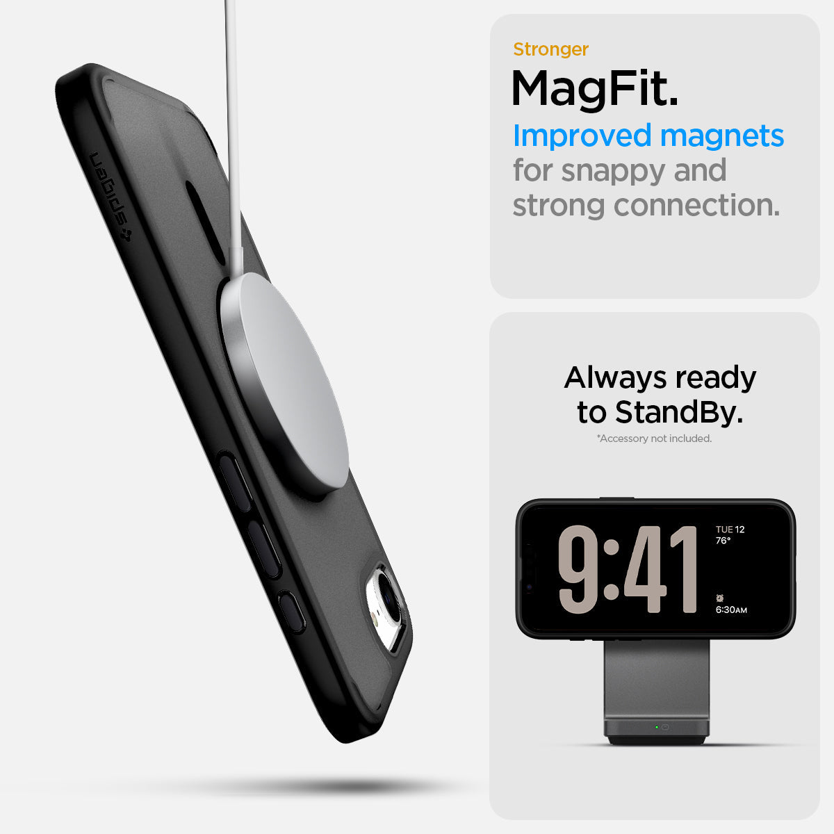 ACS09144 - iPhone 17e Case Ultra Hybrid (MagFit) in Frost Black showing the stronger MagFit. Improved magnets for snappy and strong connection. Always ready to StandBy