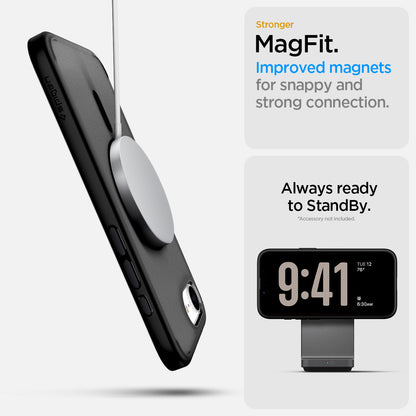 ACS09144 - iPhone 17e Case Ultra Hybrid (MagFit) in Frost Black showing the stronger MagFit. Improved magnets for snappy and strong connection. Always ready to StandBy