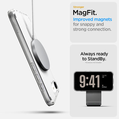 ACS09139 - iPhone 17e Case Ultra Hybrid (MagFit) in Clear White showing the stronger MagFit. Improved magnets for snappy and strong connection. Always ready to StandBy