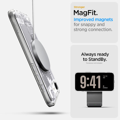 ACS09142 - iPhone 17e Case Ultra Hybrid Zero One (MagFit) in Zero One White showing the stronger MagFit. Improved magnets for snappy and strong connection. Always ready to standby