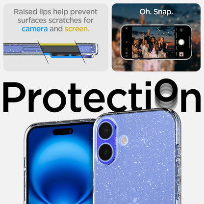 ACS08065 - iPhone 16 Plus Case Liquid Crystal Glitter in Crystal Quartz raised lips help prevent surfaces scratches for camera and screen. oh snap. protection.