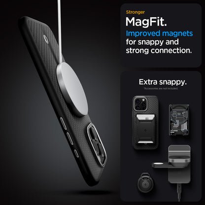 ACS08151 - iPhone 16 Pro Case Enzo Aramid in Black Silver stronger magfit improved magnets for snappy and strong connection. Extra snappy.