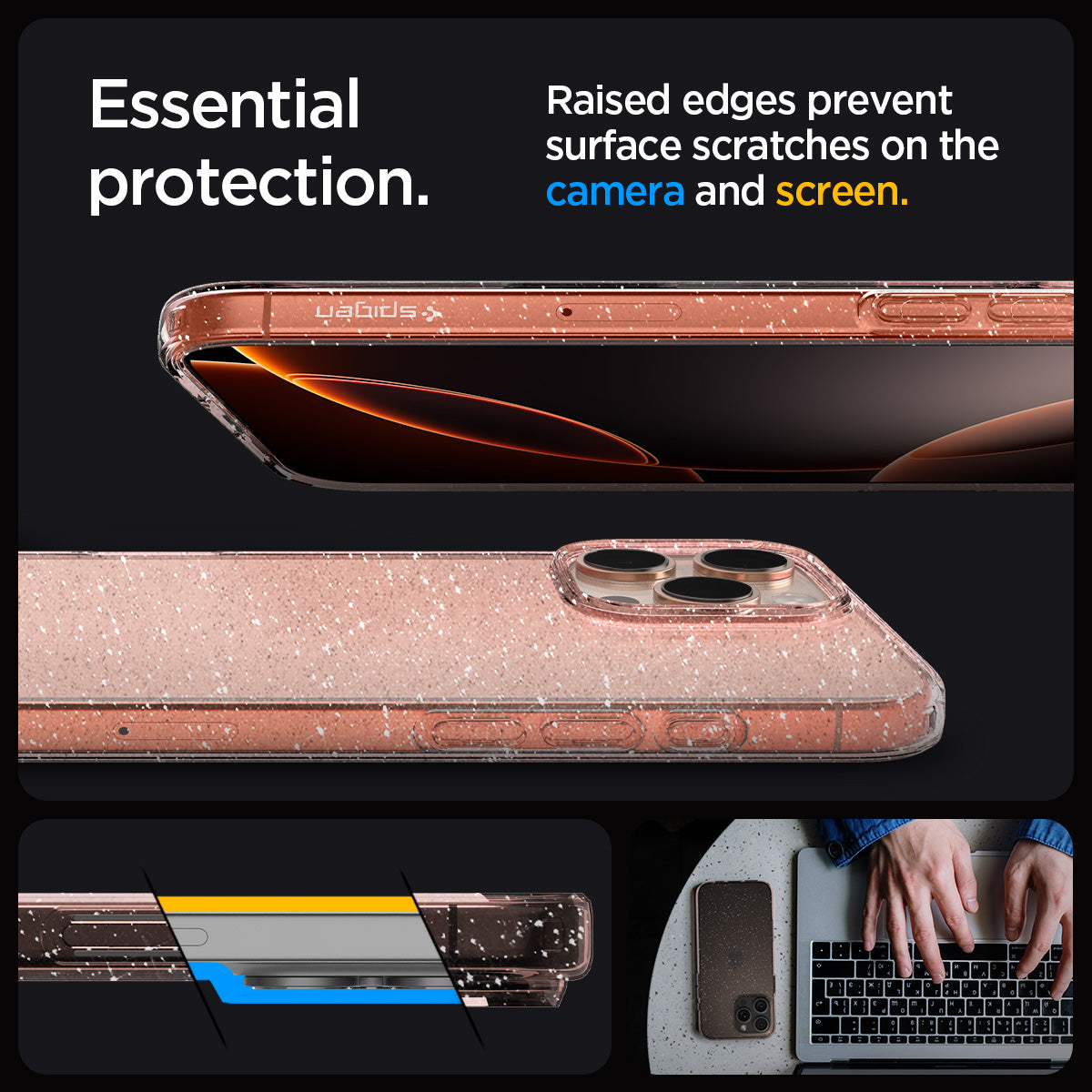 ACS08114 - iPhone 16 Pro Case Liquid Crystal Glitter in Rose Quartz essential protection. raised edges prevent surface scratches on the camera an screen.