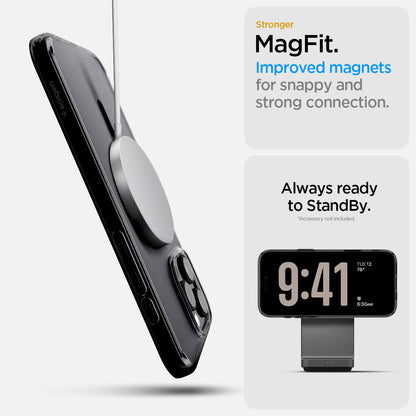 ACS08514- iPhone 16 Pro Case Ultra Hybrid T (MagFit + Camera Control) in Frost Black showing its stronger MagFit, improved magnets, for snappy and strong connection, always ready to standby