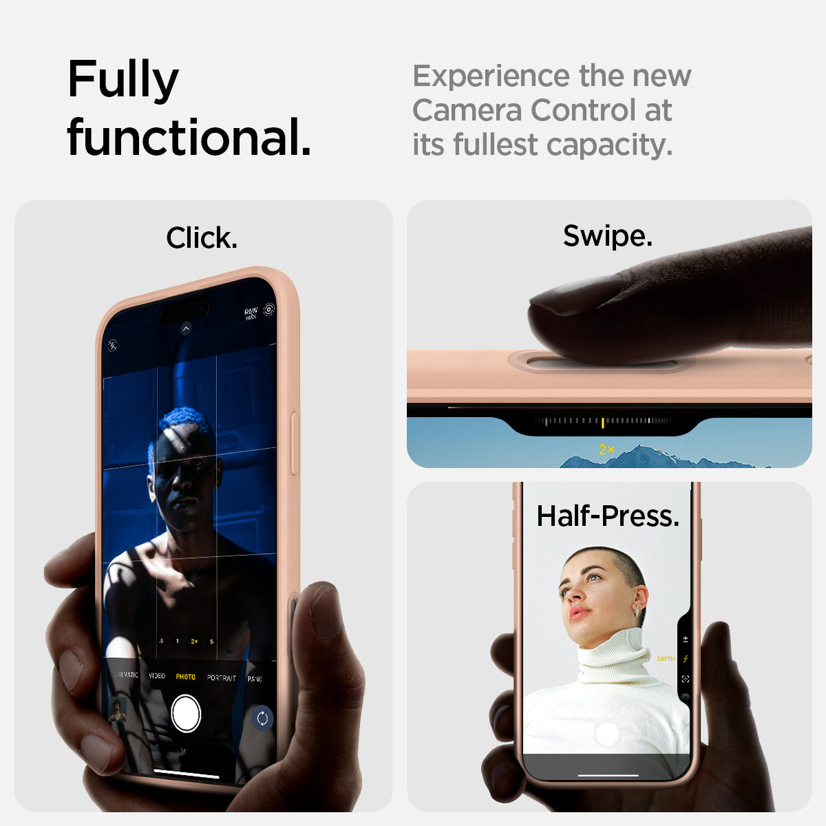 ACS09071 - iPhone 16 Pro Case Ultra Hybrid T (MagFit + Camera Control) in Frost Rose Titanium showing the fully functional, experience the new camera control at its fullest capacity, click, swipe and half-press