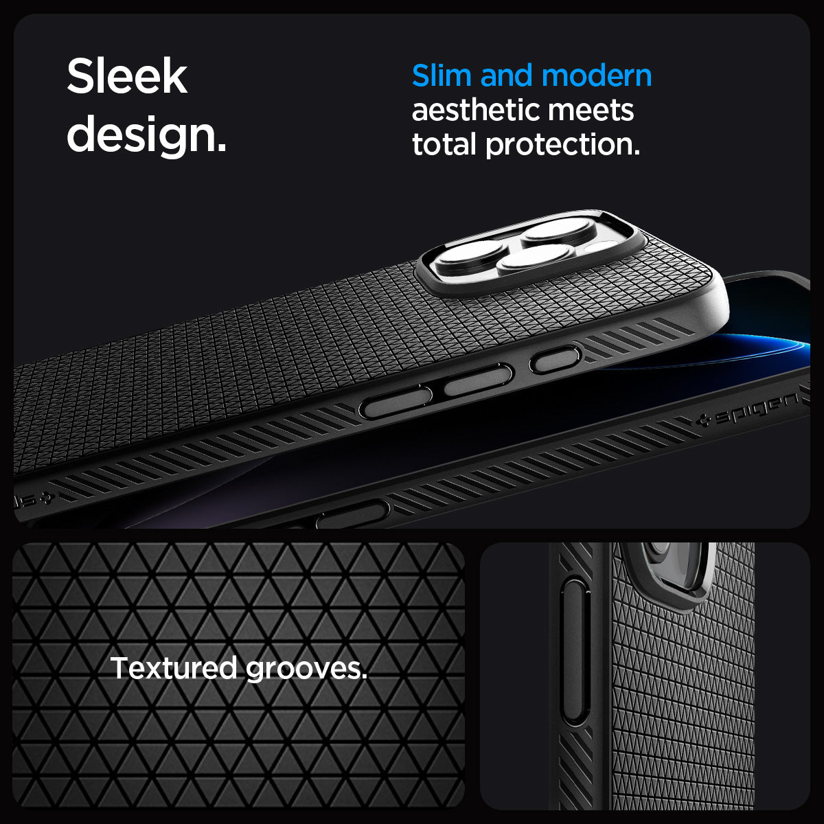 ACS09114 - iPhone 16 Pro Max Case Liquid Air T (MagFit + Camera Control) in Matte Black showing the sleek design. Slim and modern aesthetic meets total protection with textured grooves