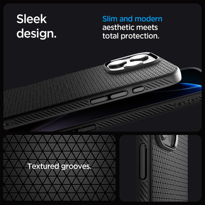 ACS09114 - iPhone 16 Pro Max Case Liquid Air T (MagFit + Camera Control) in Matte Black showing the sleek design. Slim and modern aesthetic meets total protection with textured grooves