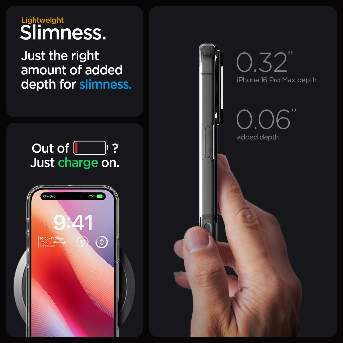 ACS07984 - iPhone 16 Pro Max Case Liquid Crystal in Crystal Clear lightweight slimness. Just the right amount of added depth for slimness. Out of battery? Just charge on.
