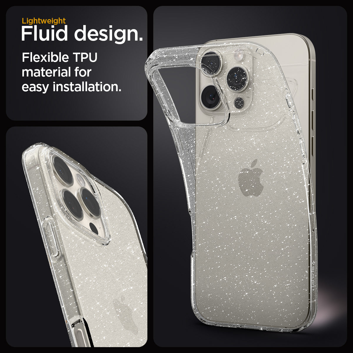 ACS07985 - iPhone 16 Pro Max Case Liquid Crystal Glitter in Crystal Quartz lightweight fluid design. flexible TPU material for easy installation.