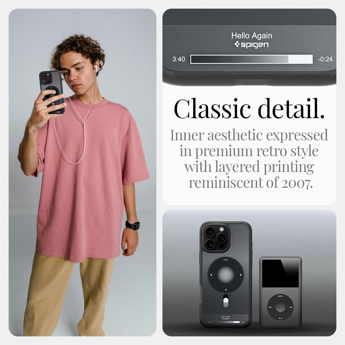 ACS08383 - iPhone 16 Pro Max Case Ultra Hybrid Classic (MagFit) in Classic Black classic detail. Inner aesthetic expressed in premium retro style with layered printing reminiscent of 2007.
