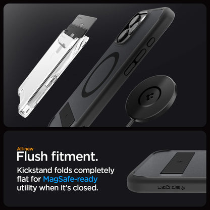 ACS08379 - iPhone 16 Pro Case Ultra Hybrid S (MagFit) in Frost Black all new flush fitment. Kick stand folds completely flat for mag safe ready utility when it's closed.