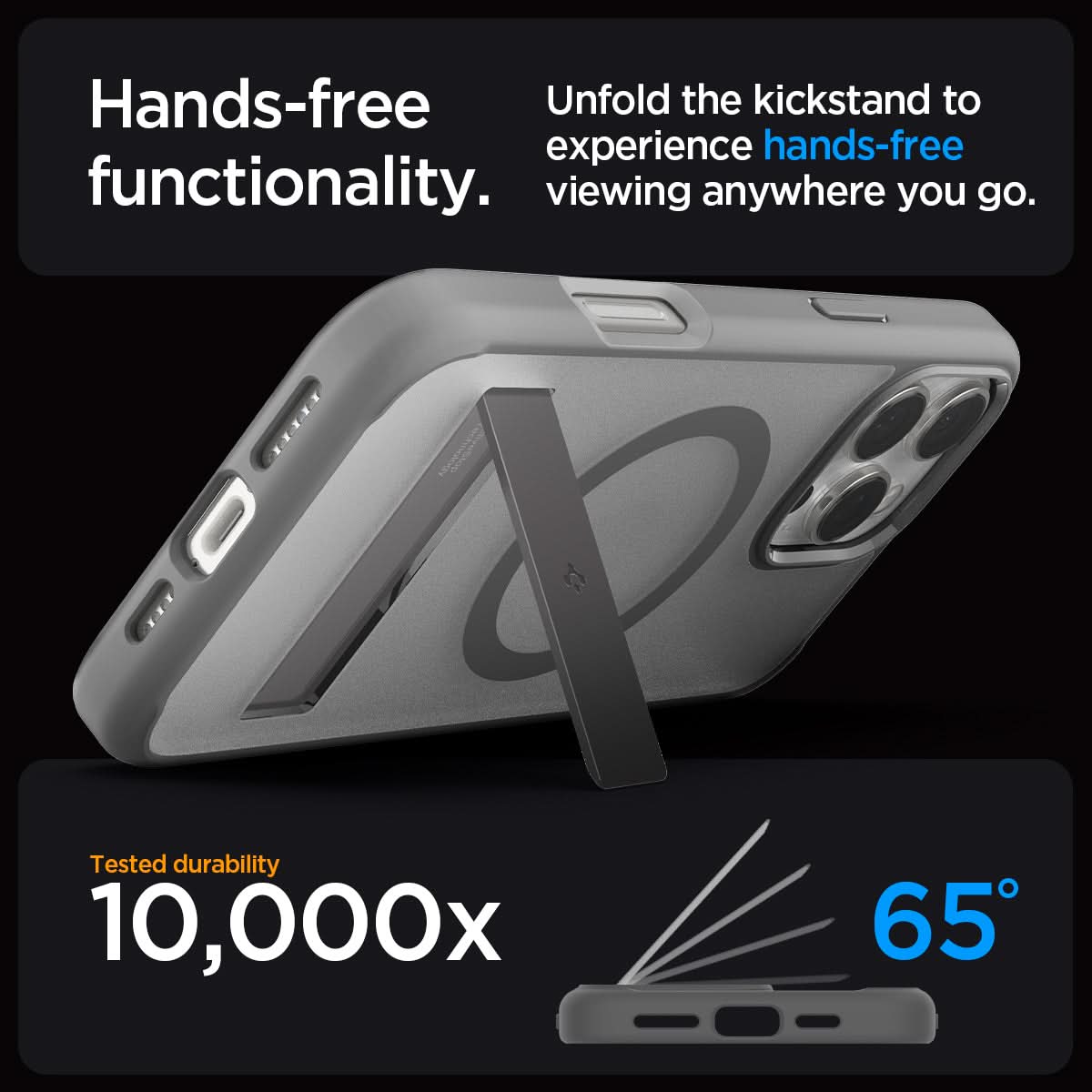 ACS08380 - iPhone 16 Pro Case Ultra Hybrid S (MagFit) in Frost Gray hands free functionality. Unfold the kickstand to experience hands free viewing anywhere you go. tested durability 10,000x