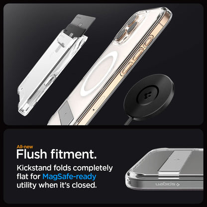 ACS08009 - iPhone 16 Pro Max Case Ultra Hybrid S (MagFit) in Crystal Clear all new flush fitment. Kick stand folds completely flat for mag safe ready utility when it's closed.