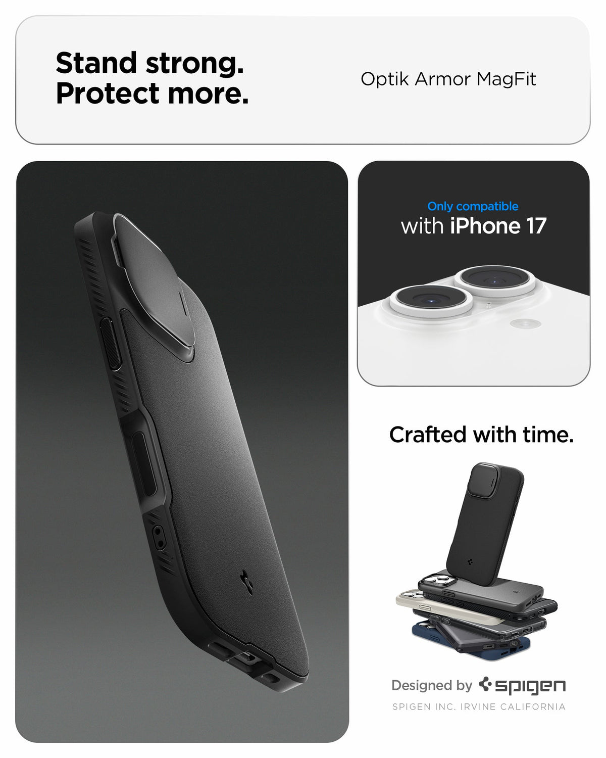 ACS09987 - iPhone 17 Series Case Optik Armor (MagFit) in black showing the stand strong and protect more with the case. Only compatible with iPhone 17