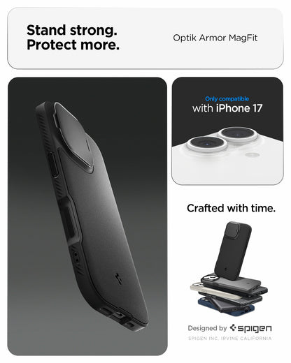 ACS09987 - iPhone 17 Series Case Optik Armor (MagFit) in black showing the stand strong and protect more with the case. Only compatible with iPhone 17