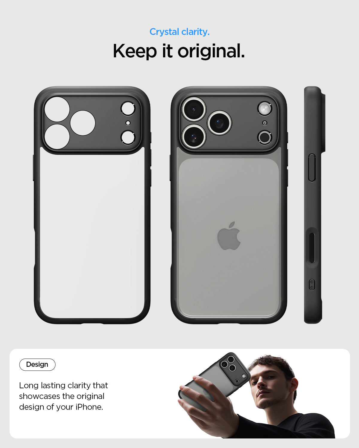 ACS10065 - iPhone 17 Pro Ultra Hybrid in Matte Black showing crystal clarity. Keep it original. Long lasting clarity that showcases the original design of your iPhone