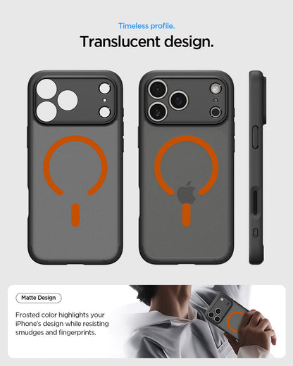 ACS10480 - iPhone 17 Pro Max Ultra Hybrid (MagFit) in Frost Black Orange showing long lasting clarity. keep it clear with duraclear.