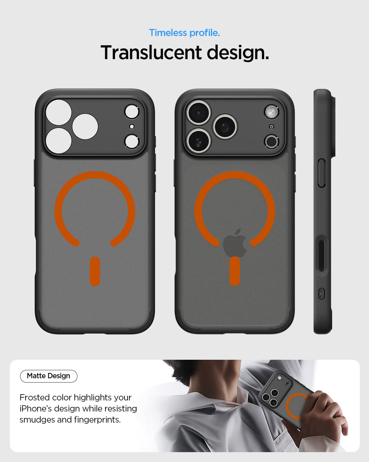 ACS10481 - iPhone 17 Pro Ultra Hybrid (MagFit) in Frost Black Orange showing long lasting clarity. keep it clear with duraclear.