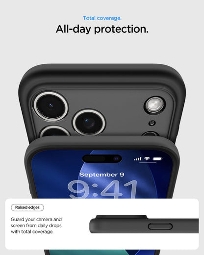 ACS10481 - iPhone 17 Pro Ultra Hybrid (MagFit) in Frost Black Orange showing total coverage. all day protection. raised edges guard your camera and screen from daily drops with total coverage.