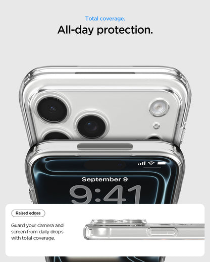 ACS10068 - iPhone 17 Pro Ultra Hybrid (MagFit) in Clear Gold showing total coverage. all day protection. raised edges guard your camera and screen from daily drops with total coverage.