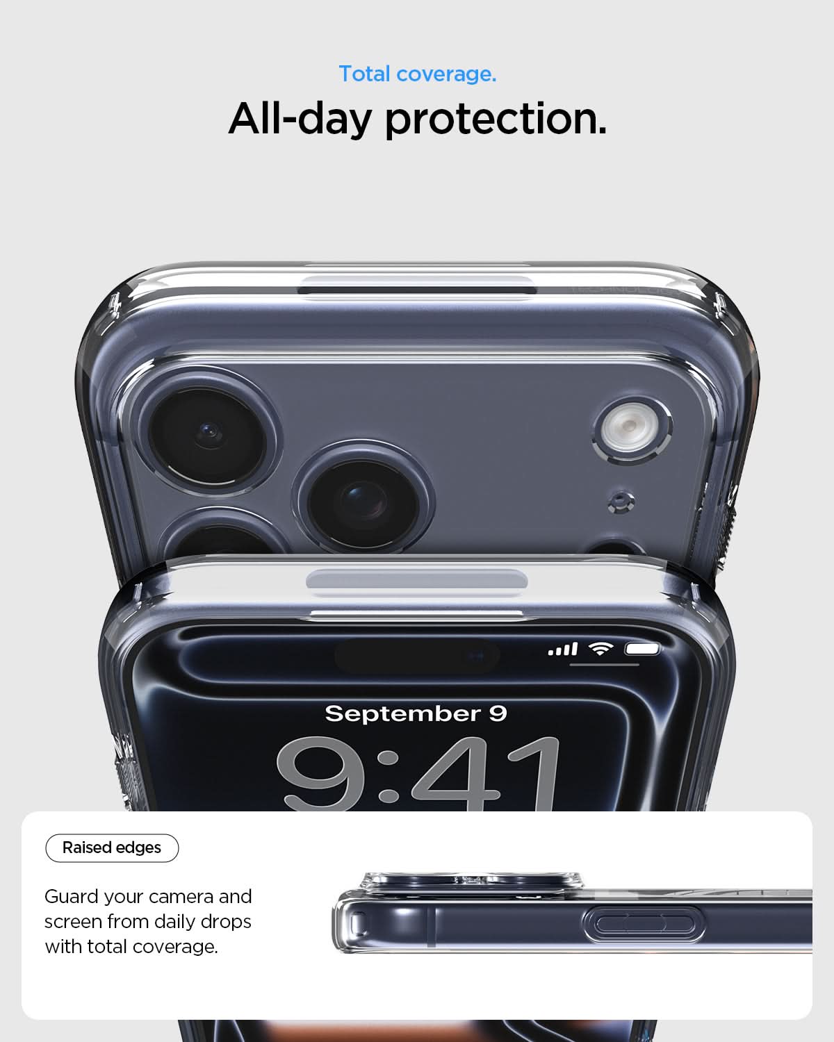 ACS10036 - iPhone 17 Pro Max Ultra Hybrid (MagFit) in Clear Graphite showing total coverage. all day protection. raised edges guard your camera and screen from daily drops with total coverage.