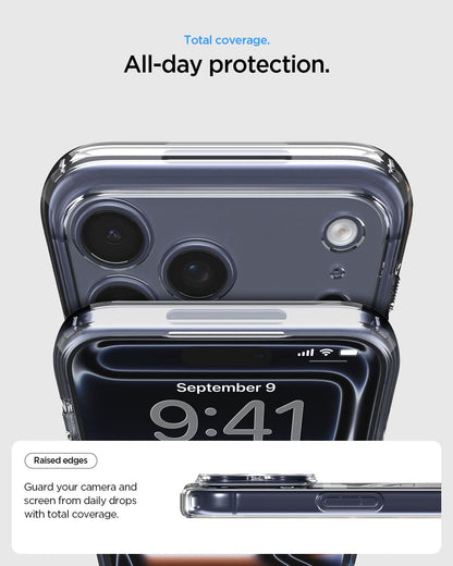 ACS10036 - iPhone 17 Pro Max Ultra Hybrid (MagFit) in Clear Graphite showing total coverage. all day protection. raised edges guard your camera and screen from daily drops with total coverage.