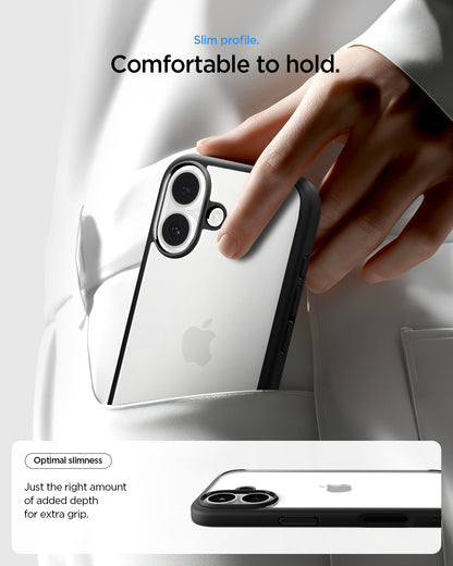 ACS10081 - iPhone 17 Ultra Hybrid in Matte Black showing slim profile. Comfortable to hold. Optimal slimness just the right amount of added depth for extra grip.
