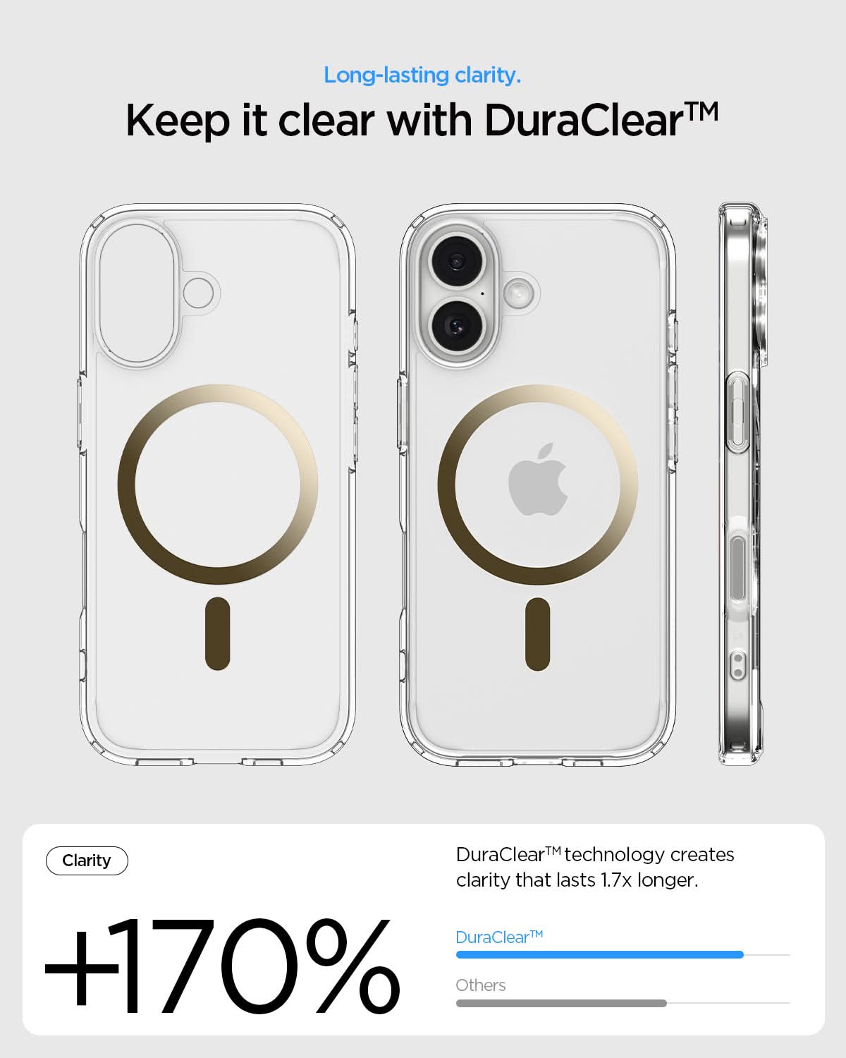 ACS10084 - iPhone 17 Ultra Hybrid (MagFit) in Clear Gold showing long lasting clarity. keep it clear with duraclear.