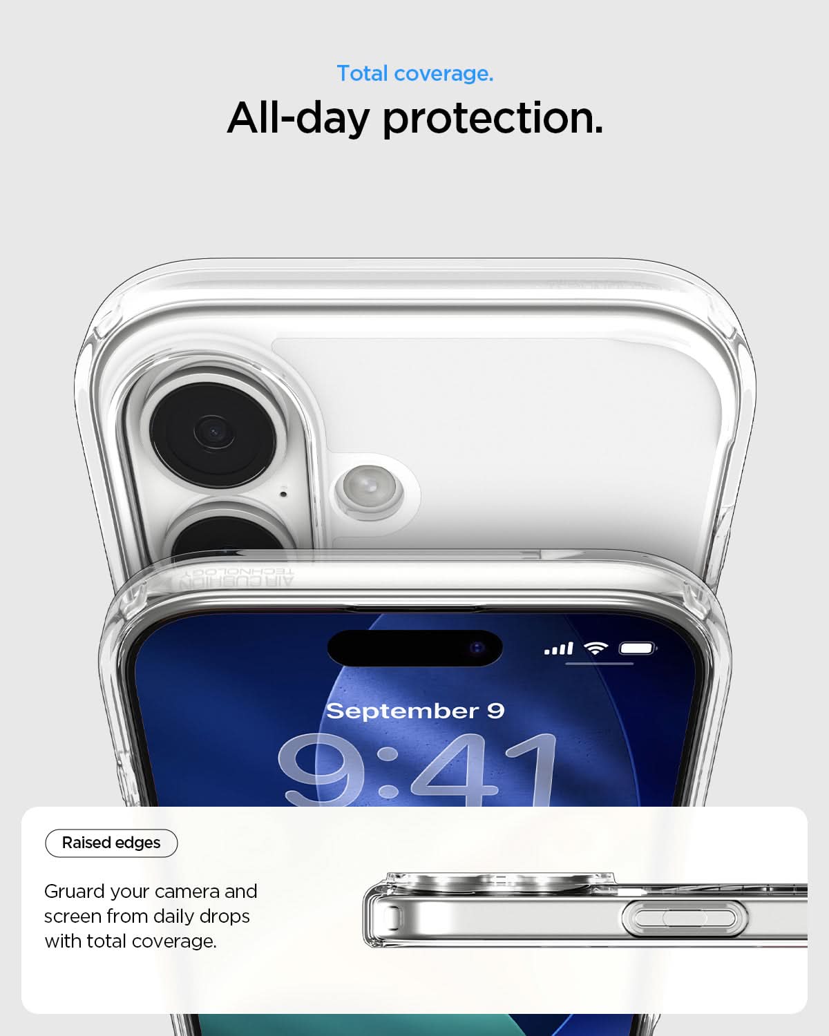 ACS10082 - iPhone 17 Ultra Hybrid (MagFit) in Clear White showing total coverage. all day protection. raised edges guard your camera and screen from daily drops with total coverage.