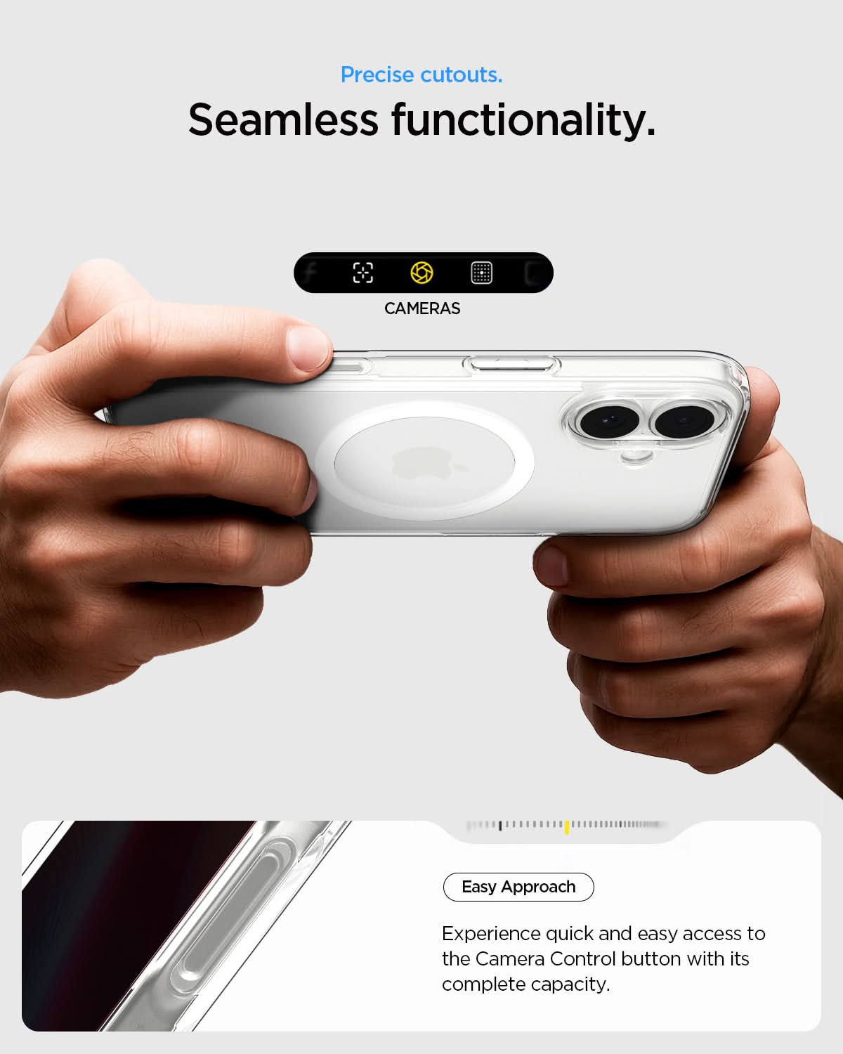 ACS10082 - iPhone 17 Ultra Hybrid (MagFit) in Clear White showing precise cutouts. seamless functionality. easy approach. experience quick and easy access to the camera control button with its complete capacity.