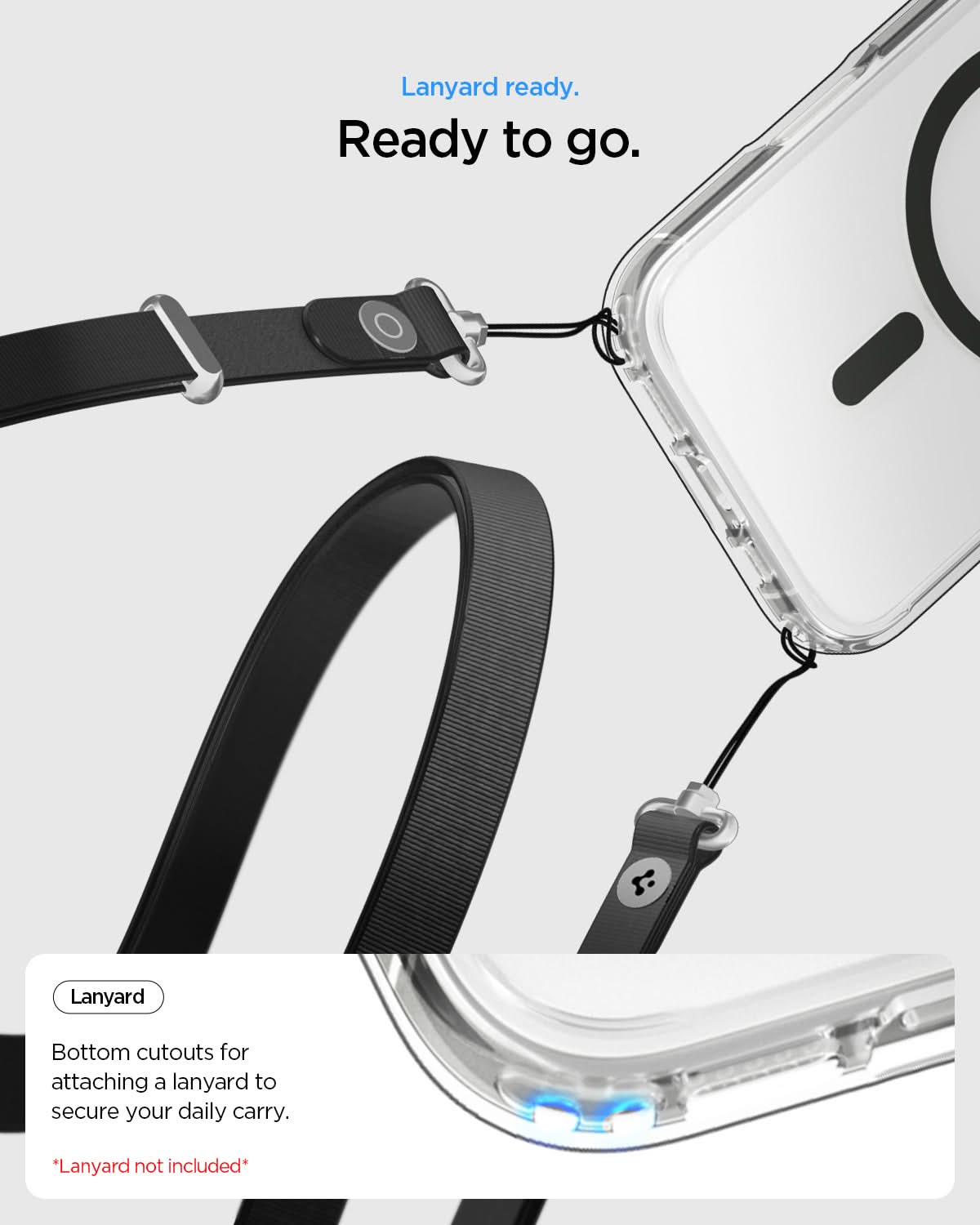 ACS10083 - iPhone 17 Ultra Hybrid (MagFit) in Clear Graphite showing lanyard ready to go. bottom cutouts for attaching a lanyard to secure our daily carry
